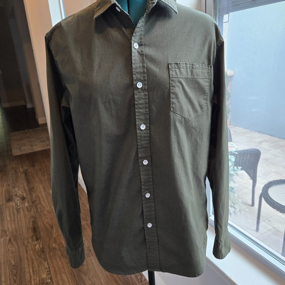 Paper Denim & Cloth Button-up Shirt Mens L Olive Stretch Slim Fit Long Sleeve
